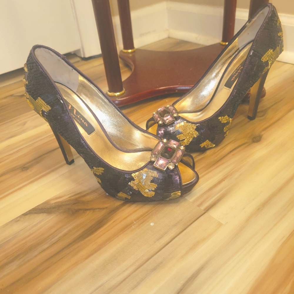 Nina NY Purple & Gold Sequin/Satin/Rhinestone Heels